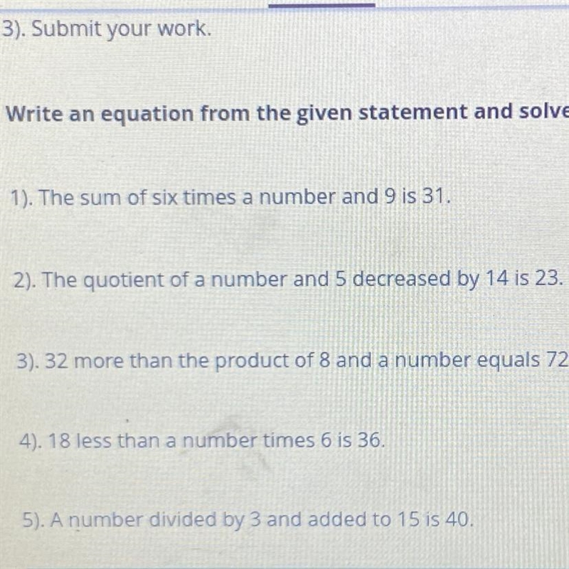 Write an equation from the given statement and solve. 1). The sum of six times a number-example-1