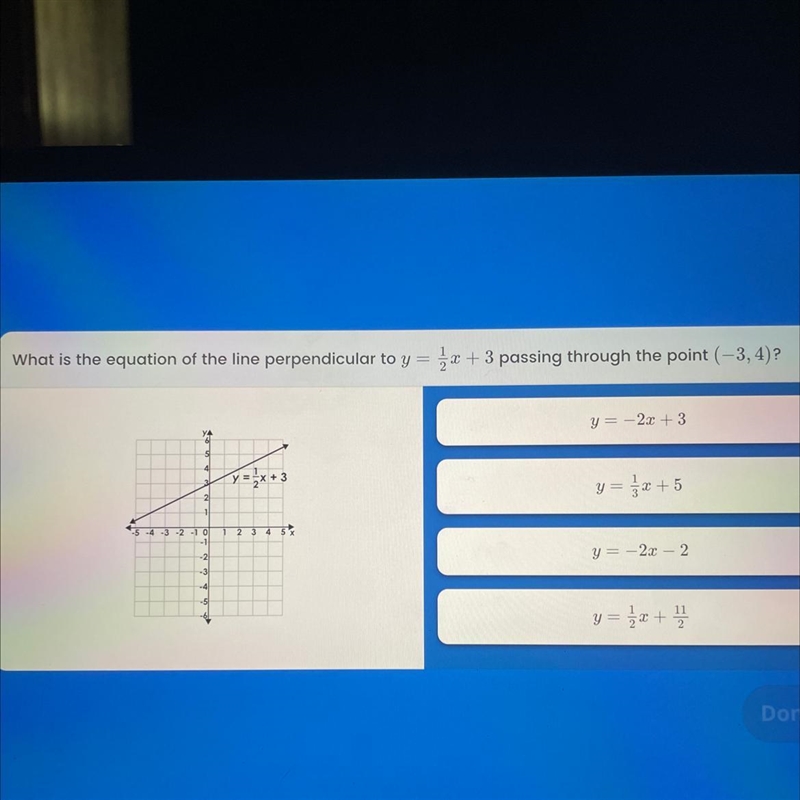 What is the equation of the line perpendicular to y=1/2 x+3 passing through the point-example-1