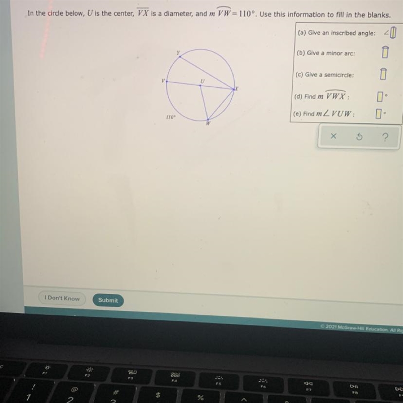 please help me. In the circle below, U is the center, VX is a diameter, and m VW = 110 degrees-example-1