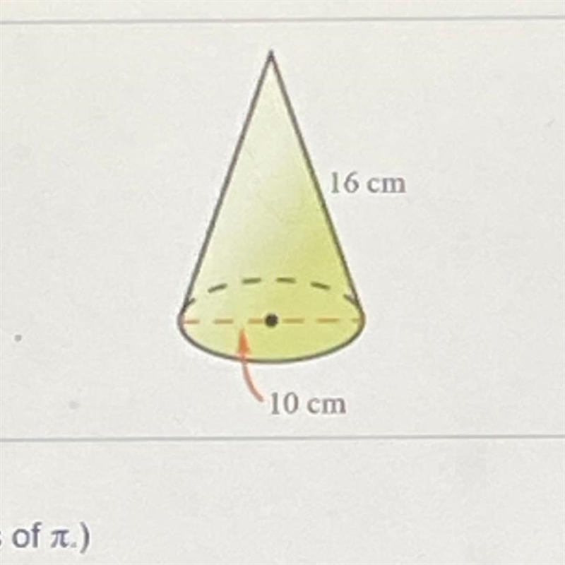 Find the surface area of the cone in terms of pie 16 cm 10 cm The surface area of-example-1