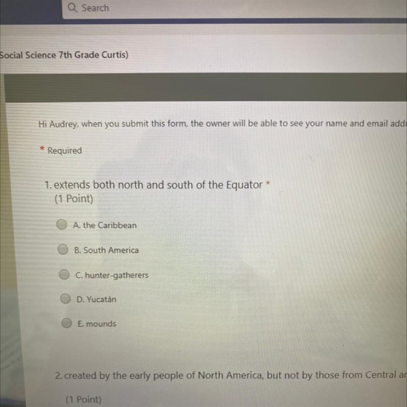 1. extends both north and south of the Equator (1 Point) A. the Caribbean B. South-example-1