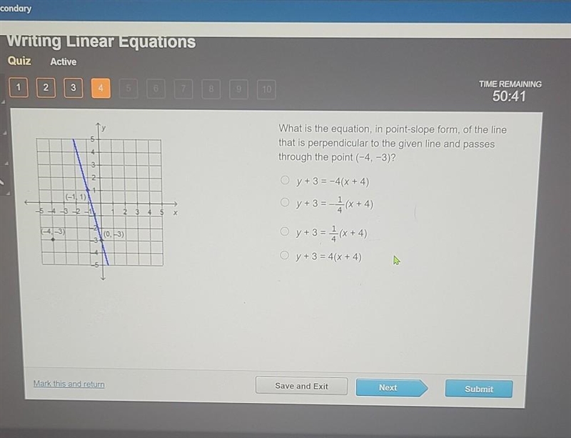 What is the equation, in point-slope form, that is perpendicular to the given line-example-1