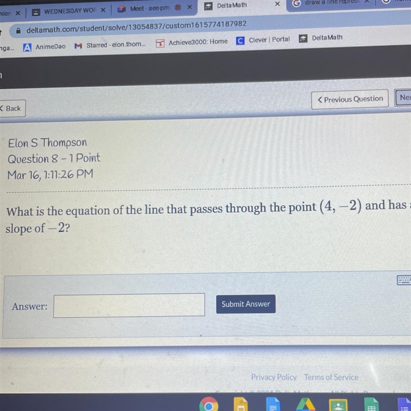 What is the equation of the line that passes through the point (4, -2) and has a slope-example-1