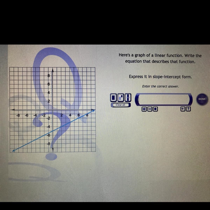 PLEASE HELP! Here’s a graph of a linear function. Write the equation that describes-example-1