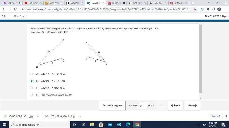 State whether the triangles are similar. If they are, write a similarity statement-example-1