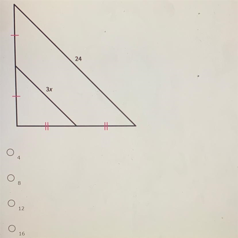 What is the value of x ? A. 4 B. 8 C. 12 D. 16-example-1