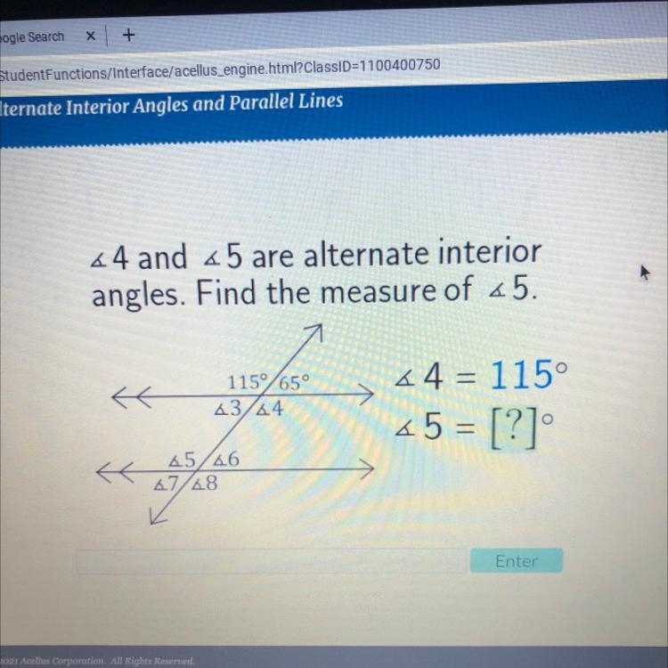 44 and 45 are alternate interior angles. Find the measure of 25. { 11565° 43/44 44 = 115° 45 = [?] 45/46 47/48 274-example-1