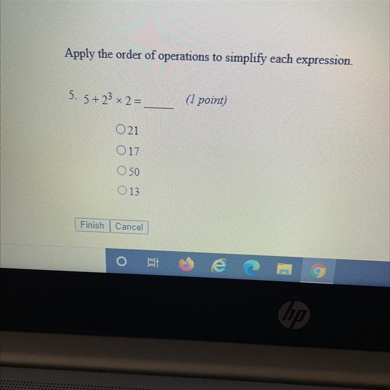 Apply the order of operations to simplify each expression. 5.5+23 x 2 = 21 17 50 13-example-1