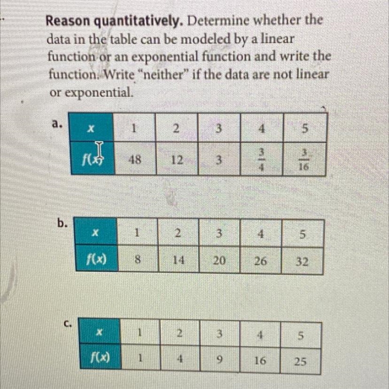 Determine whether the data in the table can be modeled by a linear function or an-example-1