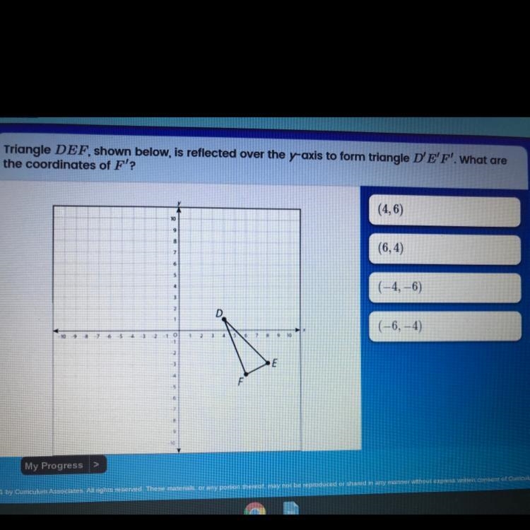 Triangle DEF, shown below, is reflected over the y-axis to form triangle D'E'F'. What-example-1