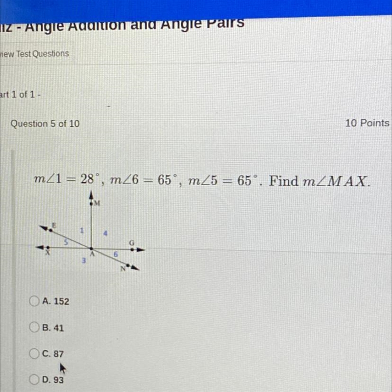 M1=28 degrees, m6=65 degrees, m5=65 degrees. Find mMAX.-example-1