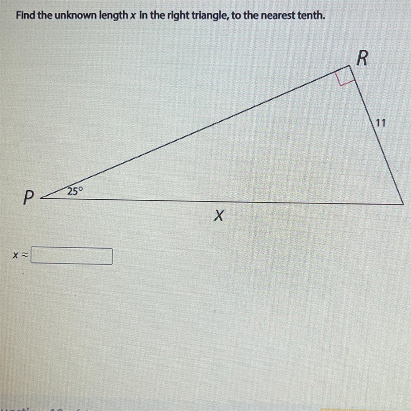 Find the unknown length x in the right triangle, to the nearest tenth. R 11 250-example-1