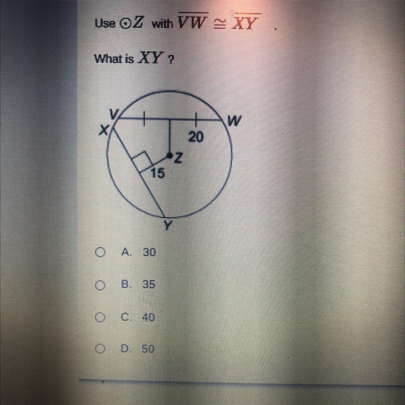 Use OZ with VW – XY What is XY ? A 30 B. 35 C. 40 D 50-example-1