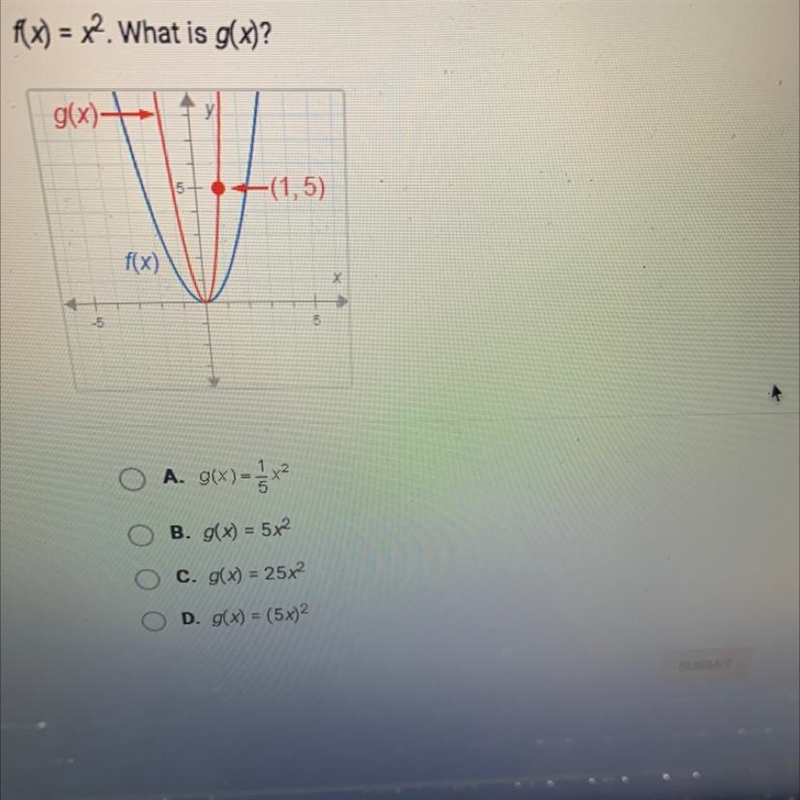 F(x) = x2. What is g(x)? A. g(x)=1/5x^2 B. g(x) = 5x^2 c. g(x) = 25x² D. g(x) = (5x-example-1