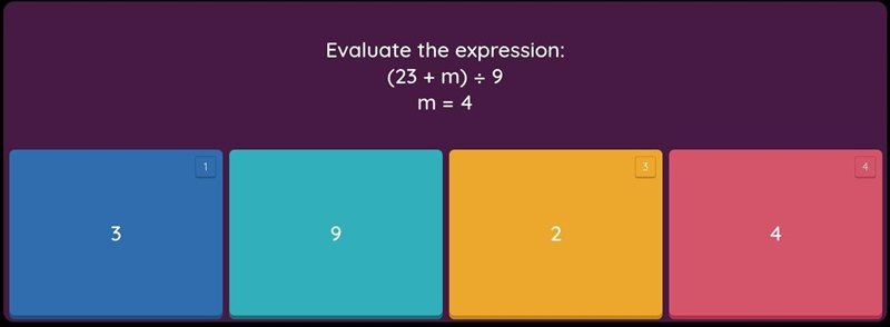 Evaluate the expression (23 + m) Divided by 9 m =4-example-1