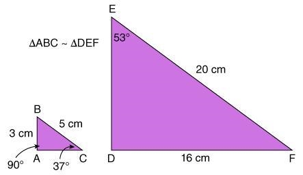 In the similar triangles below, what is the measure of ∠F 90° 74° 53° 37°-example-1