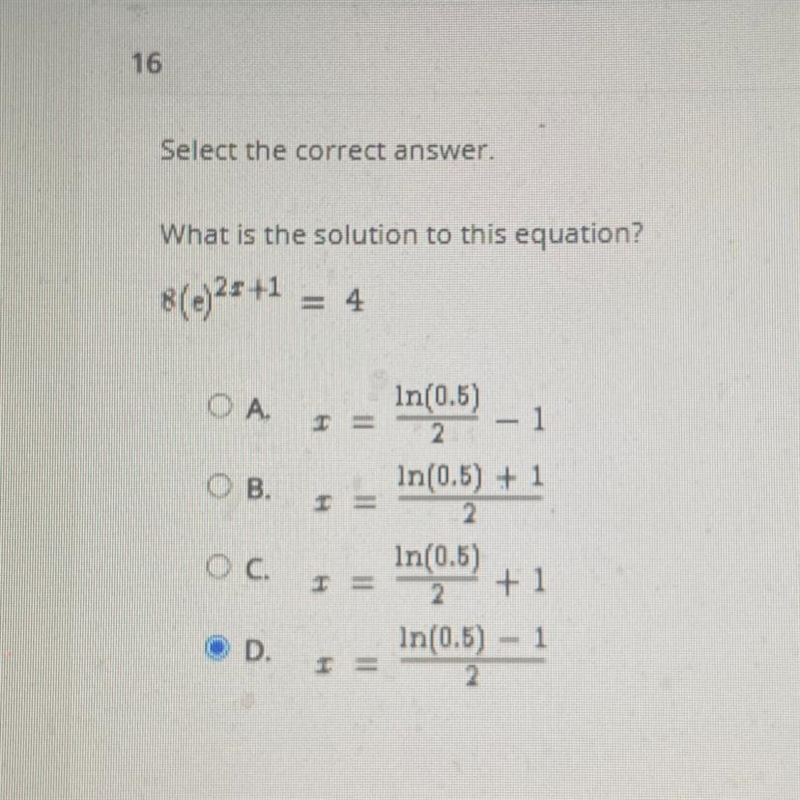 What is the solution to this equation? 8(25 +1 = 4 СА. In(0.5) T = - 1 OB. Ос. In-example-1