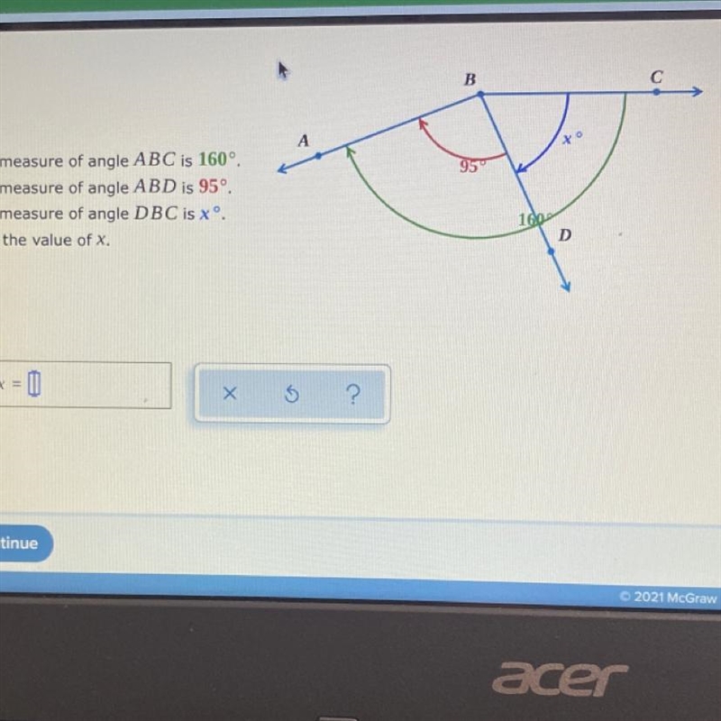 The measure of angle ABC is 160°. The measure of angle ABD is 95°. The measure of-example-1