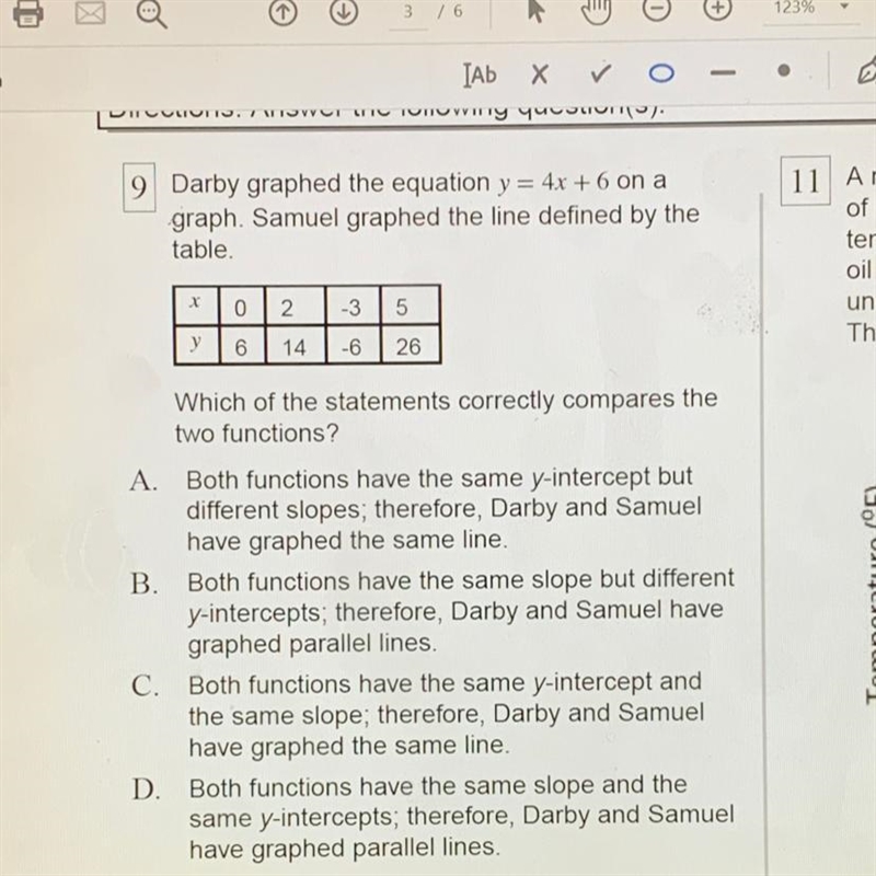 9 Darby graphed the equation y = 4x + 6 on a graph. Samuel graphed the line defined-example-1