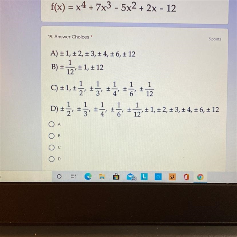 List all possible rational zeros for the following polynomial: f(x) = x4 + 7x3 - 5x-example-1