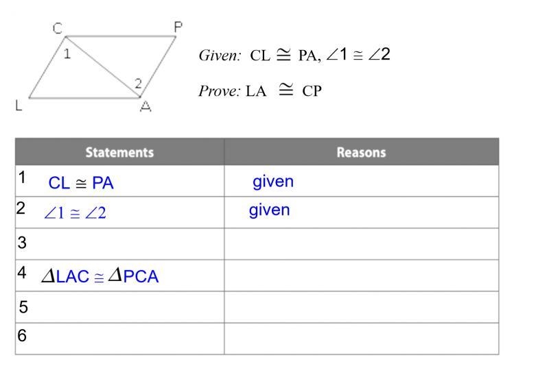 What is the statement for step 3? A. LA congruent to PC B. angle L congruent to angle-example-1