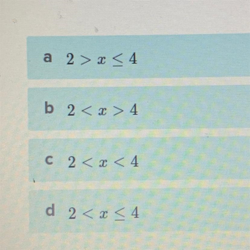 For which indicated domain are both the inequalities x > 2 and x < 4 true?-example-1