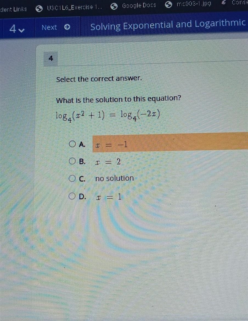 Log4(x^2+1)=log4(-2x)​-example-1