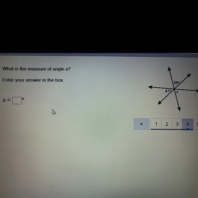 IS What is the measure of angle x? Enter your answer in the box. X=-example-1