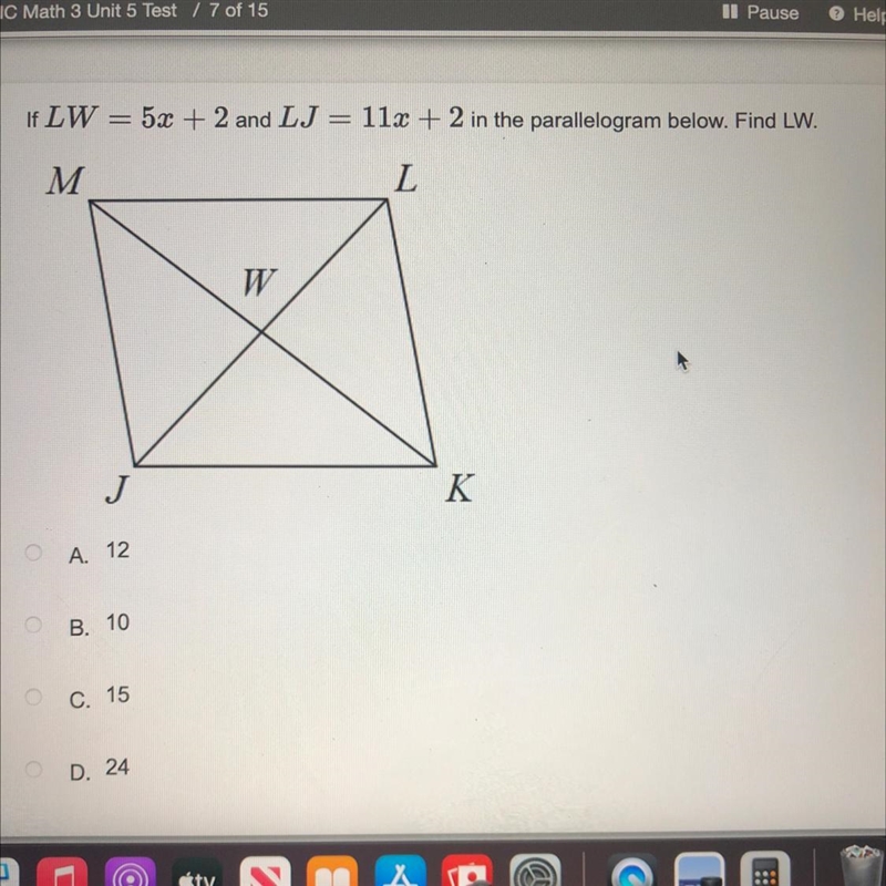 If LW = 5x + 2 and LJ = 11x + 2 in the parallelogram below. Find LW.-example-1