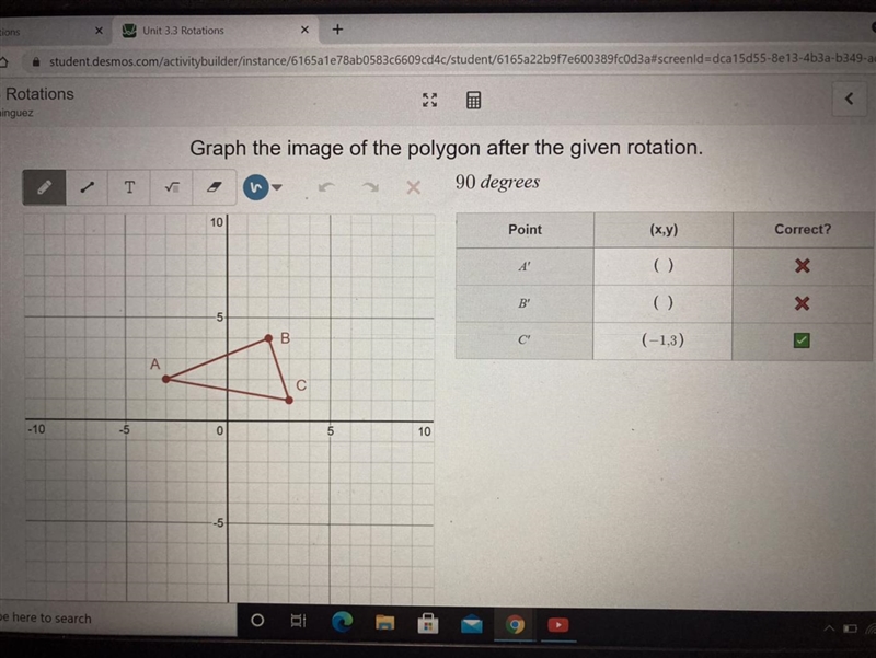 Graph the image of the polygon after the given rotation. 90 degrees-example-1