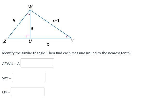 Identify the similar triangle. Then find each measure (round to the nearest tenth-example-1