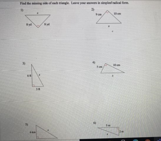 Calculate the hypotenuse. Find the missing side of each triangle, leave your answers-example-1