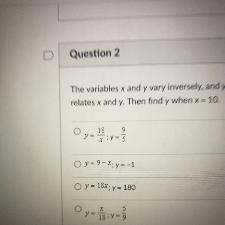 The variables x and y vary inversely, and y= 6 when x = 3. Write an equation that-example-1