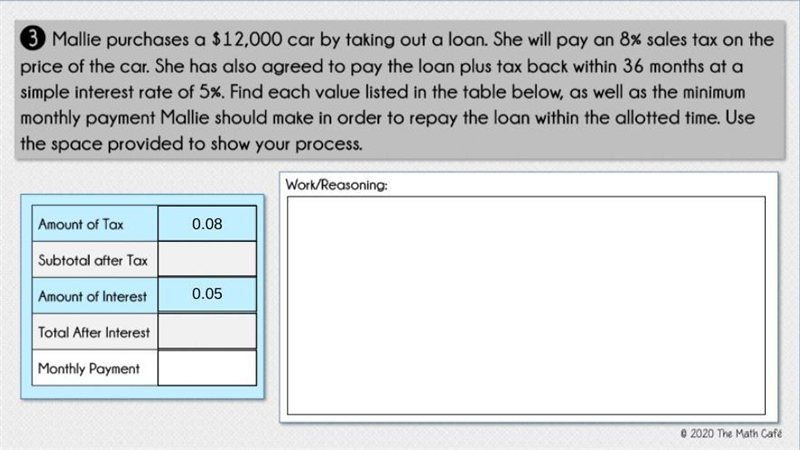 3 Mallie purchases a $12,000 car by taking out a loan. She will pay an 8% sales tax-example-1