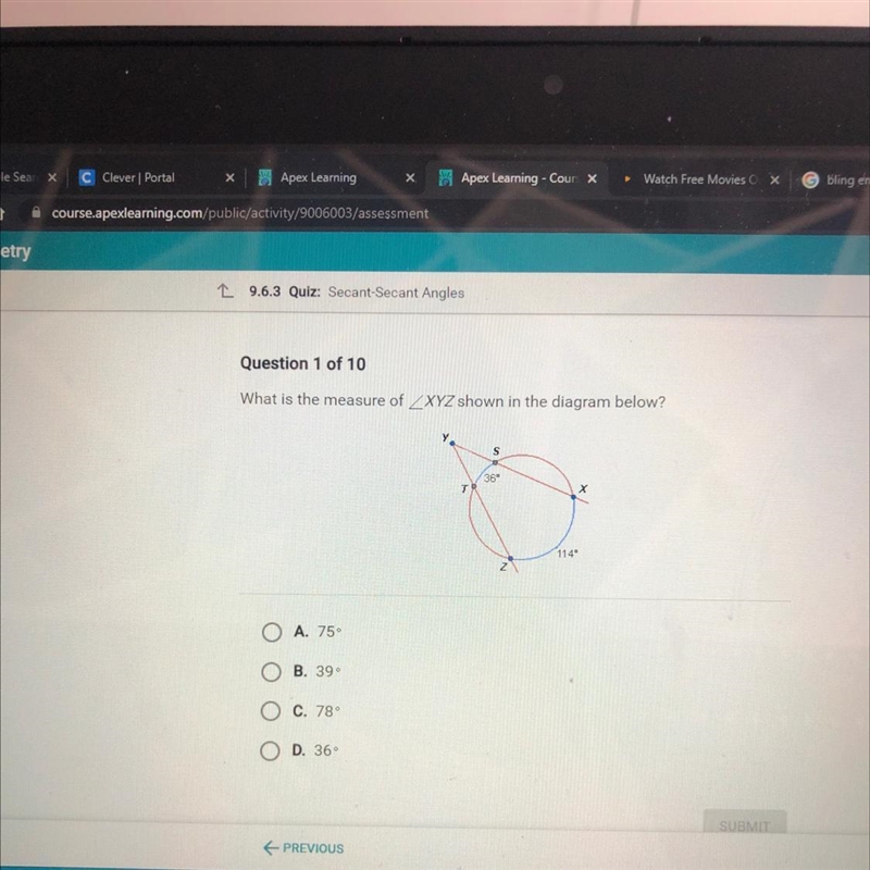 Question 1 of 10 What is the measure of ZXYZ shown in the diagram below? Y S (369 7 Х-example-1