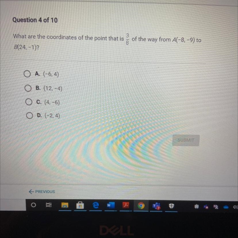 What are the coordinates of the point that is of the way from A(-8, -9) to B(24, -1)? O-example-1