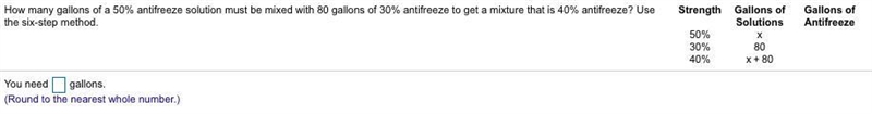 How many gallons of a 50​% antifreeze solution must be mixed with 80 gallons of 30​% antifreeze-example-1