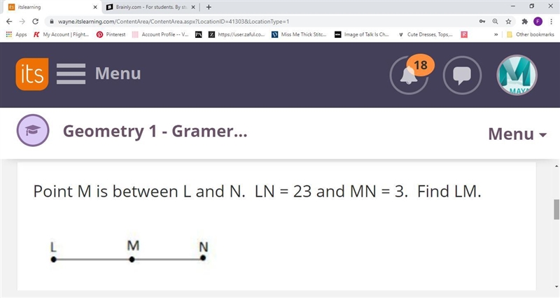 Please help!! Point M is between L and N. LN = 23 and MN = 3. Find LM.-example-1