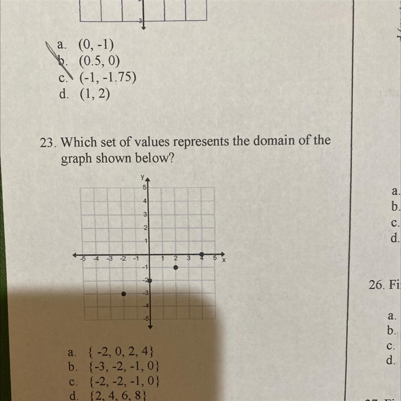 23. Which set of values represents the domain of th graph shown below? 3 2 -3-2 N-example-1