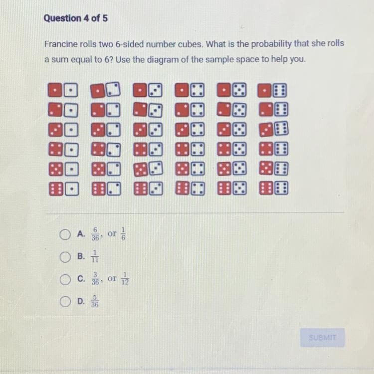 Francine rolls two 6-sided number cubes. What is the probability that she rolls a-example-1