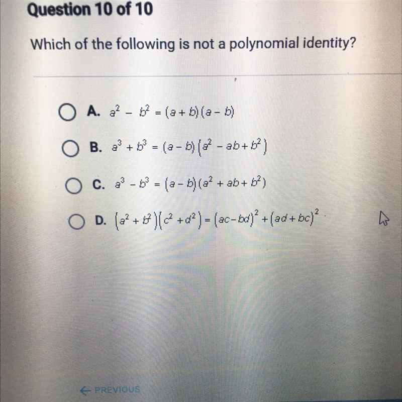 Which of the following is not a polynomial identity?-example-1