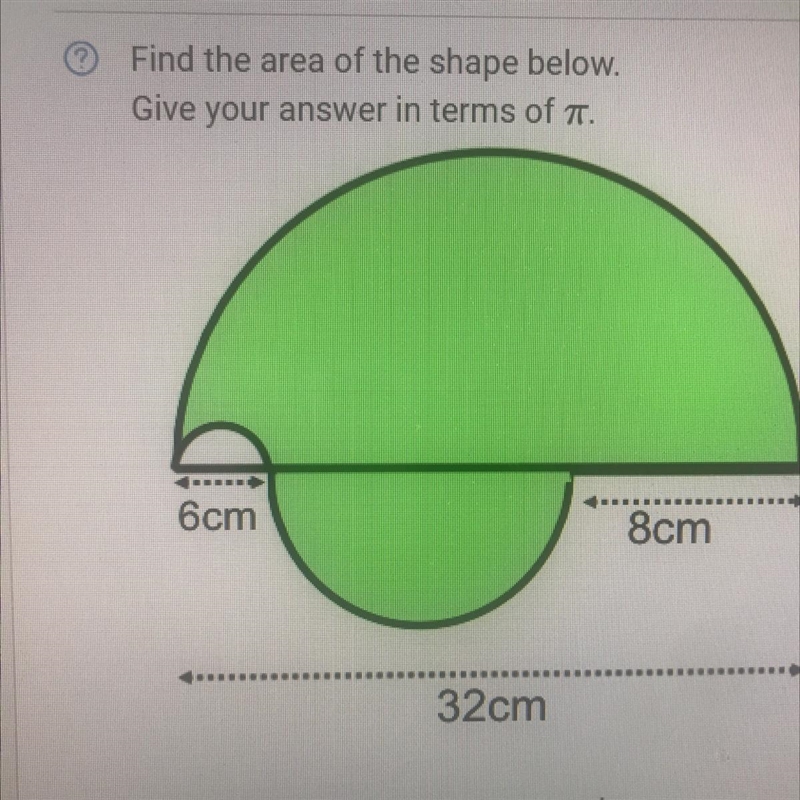 Find the area of the shape below. Give your answer in terms of pi 6cm 8cm 32cm The-example-1