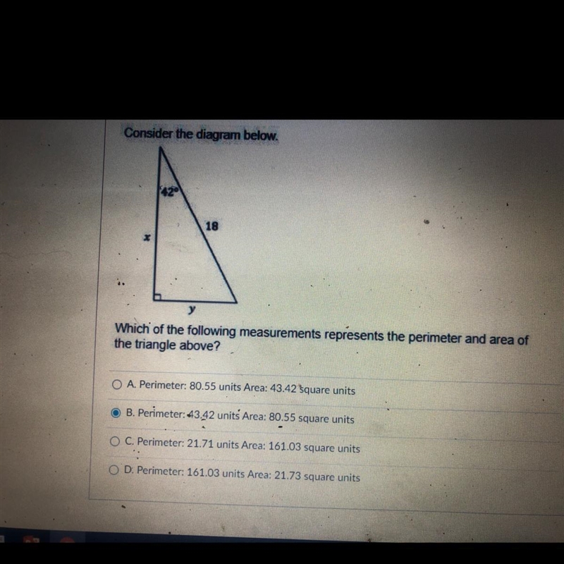 Which of the following measures represents the perimeter and area of the triangle-example-1