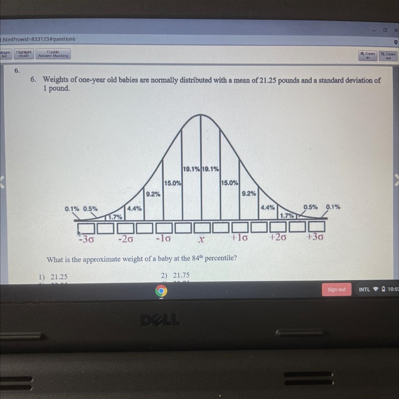 What is the approximate weight of a baby at the 84th percentile-example-1