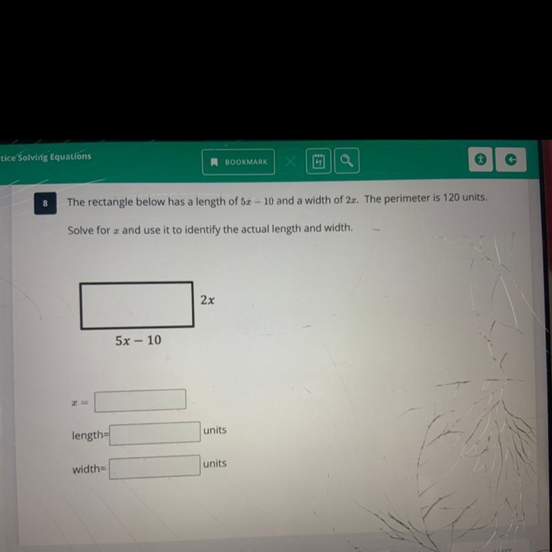 The rectangle has a length of 5x - 10 and a width of 2x. The perimeter is 120 units-example-1