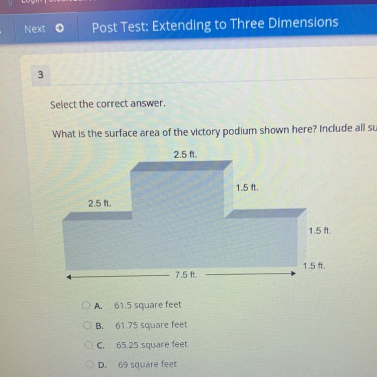 What is the surface area of the victory podium shown here? Include all surfaces of-example-1