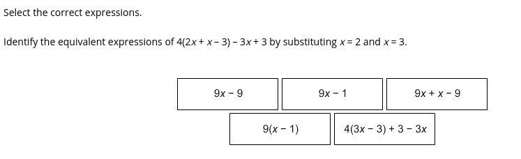 Select the correct expressions. Identify the equivalent expressions of 4(2x + x – 3) – 3x-example-1