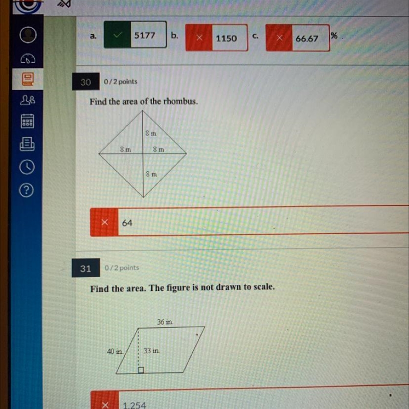 Find the area of the rhombus. Find the area. The figure is not drawn to scale.-example-1