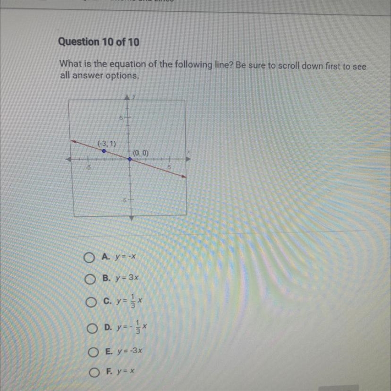 Question 10 of 10 What is the equation of the following line? Be sure to scroll down-example-1