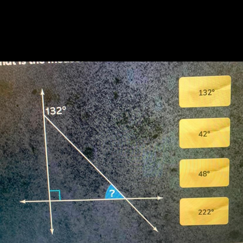 What is the measure of the missing angle?-example-1